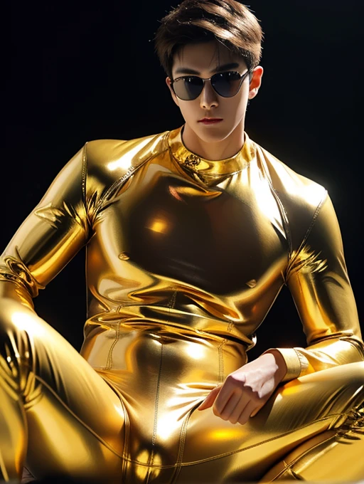 Korean man , teenager, latex、Golden Sunglasses、Shining golden bodysuit、Dazzling space、smug、Confident pose、Bulge , Visible up to the legs、whole body , realistic good looking Korean face , Natural Muscle , Beardless face、masterpiece、High resolution、Hyperrealism、Detailed face、alone、male、Glowing Skin、(ASİAN)、(young、teenager)、good looking、Detailed Background、good looking