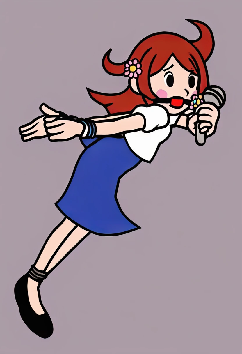 One girl, White shirt, Blue Skirt, Black shoes下, Black shoes, Redhead, Long Hair, Holding a microphone, Dancing, Hair Flowers, Short sleeve, hogtie&gagged,