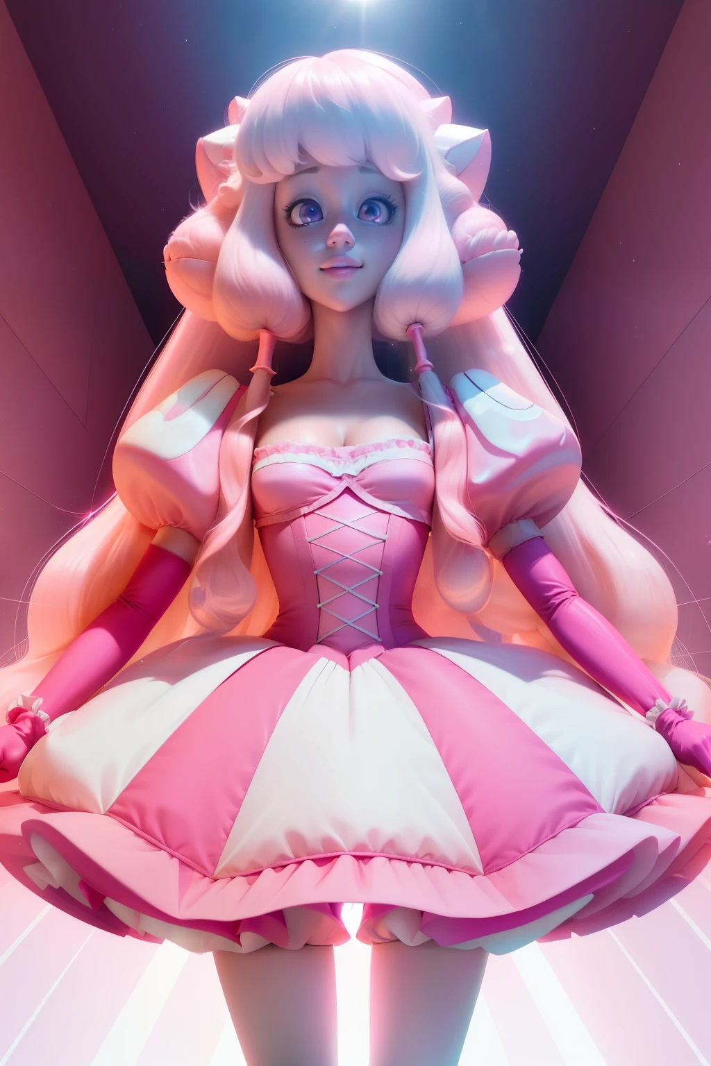 pnkdamond, pink hair, pink eyes,  big hair,  stomach gem,  pink skin,  toned, 
puffy short sleeves, elbow gloves ,  white thighhighs,   puffy dress, 
standing, upper body, 
 outerspace,  
(insanely detailed, beautiful detailed face,beautiful detailed eyes, masterpiece, best quality) cinematic lighting,  smile, 
 