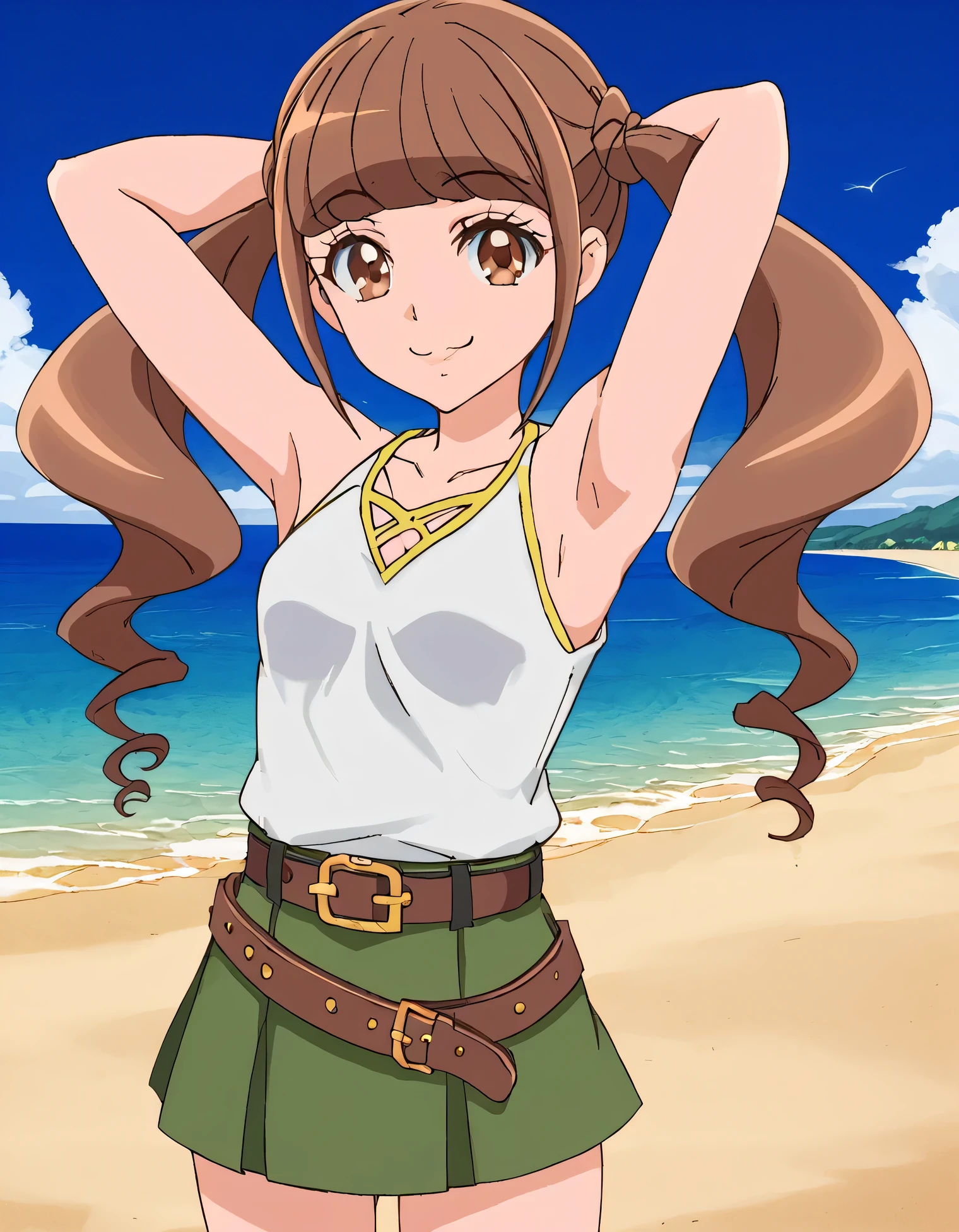 hiramitsu hinata, brown hair, twintails, brown eyes, yellow t-shirt, neckline, green skirt, belt, high quality, solo, 1girl, night sky, beach, arms behind head, (contrapposto), closed mouth, spread armpits, (cowboy shot:1.5), looking at viewer, best quality, smile,