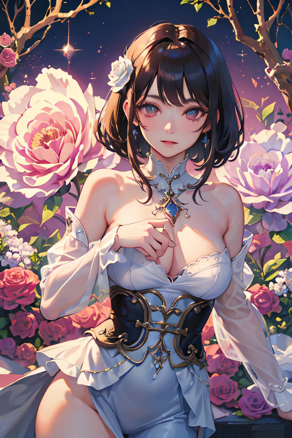 masterpiece, top quality, super detailed, high resolution, (ink painting style), excellent anatomy, beautiful 1 woman, wallpaper HD, flower art, rose, blooms in spring, peony flower, photo, cute anime, light magenta and light crimson style, underground type, sparkling water reflections, rococo portrait, ethereal trees, univalent, tranquility, dreamy,16k, best light, best shadow, mysterious, perfect face, highly detailed,