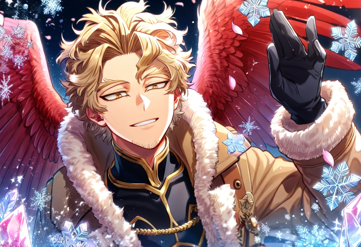 Ultra detailed, HDR, Highres, absurdres, master piece, Hawks, ash blonde hair, expressive brown-golden eyes, faint stubble, red wings, Boku No Hero Academia, brown coat with fur, black tight shirt, handsome, glass, ice glittering butterflies, ice, petals, pink ice glass flowers, glittering, water, fantasy, magical, snowflakes, cold, handsome smile, solo, black gloves