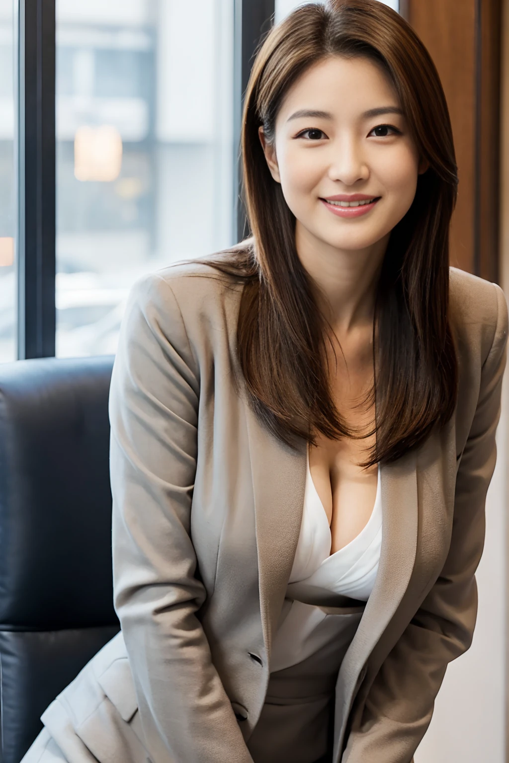 Please generate a close-up image of a beautiful Japanese female president in her 40s with a seductive smile.。She is wearing a tight, smart suit.、Cleavage、Thighs、It emphasizes the buttocks。The hair is elegantly styled、Has an air of confidence and authority。The background is a softly blurred modern office、The warm lighting highlights her features.。The makeup is perfect、特に目と唇に重点を置いて彼女のcharmを引き立てています。Confident、She has a slightly mysterious look、Elegance、charm、And it exudes strength.。The suit fit her body perfectly.、Show off your curves but still look polished and professional。スーツは彼女のCleavageをエレガントに見せ、Thighsやお尻の曲線を強調するようにしてください。