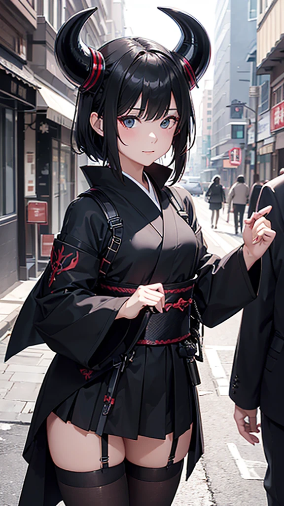 A girl in a black kimono with armor on her shoulder, her hands behind her back, in stockings and a short skirt with demon horns on the street of a dead city