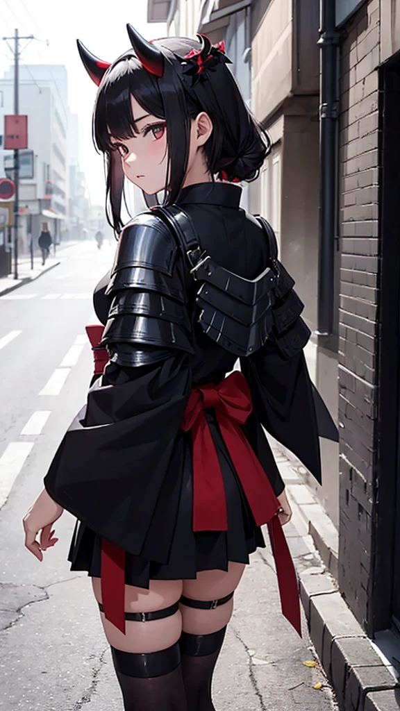 A girl in a black kimono with armor on her shoulder, her hands behind her back, in stockings and a short skirt with demon horns on the street of a dead city