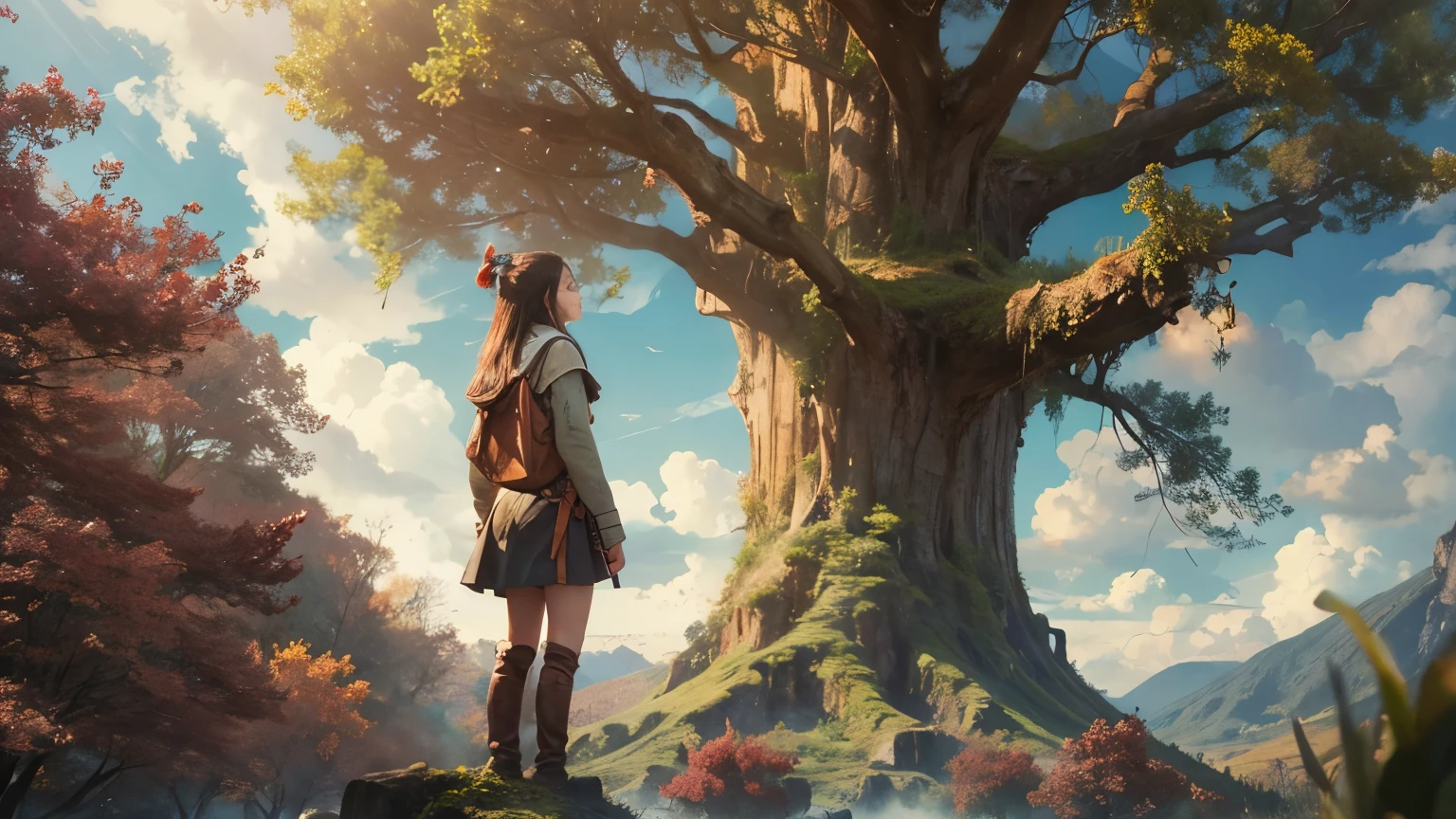 Highest quality　A beautiful hunter girl looking up at a large tree　Photorealistic　Fantasy