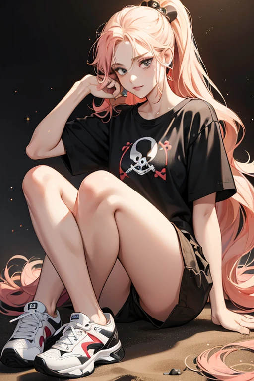 she is a fair-skinned with peach-pink cheeks and black eyes. sHe wears a black eye-patch over her left eye. sHe has ear-length golden locks of hair styled in plain curls.
her attire is very pirate-like. It consists of a red and black striped T-shirt with a skull and crossbones icon at the center over a plain white long sleeved shirt. Her sand-colored khaki shorts end below her knees. Her shoes are plain black and white tennis shoes. SPARKLE; GLITTER