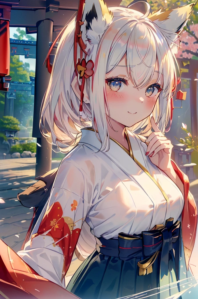 (((masterpiece))), (((Highest quality))), ((Very detailed)), ((Ultra-fine illustrations)), ((Ultra-fine painting)), (16K Highest quality wallpaper:1.4), (Upper Body:1.6), High resolution, (Highly detailed and subtle illustration style:1.8), Detailed skin texture, Detailed cloth texture, Very detailed explanation, (Tmasterpiece), (Very detailed顔:1.2), (Very detailed fox ears:1.2), (Very elaborate shiny hair:1.2), (Extremely detailed transparent eyes:1.2), original, Professional, Intricate details, Super detailed, Direct sunlight:1.6, (Perfect Anatomy:1.4), (Extremely elaborate hands:1.2), (Very detailed指:1.2), (Very dexterous fingers:1.2), (27 years old), Genuine, (alone:1.8), ((She was wearing a bright red floral kimono.、Very beautiful and attractive fox fashion model:1.4)) brake (beautiful and adorable fox ears:1.6), (Very fine and delicate fox ears:1.4), (beautiful and well-shaped big breasts:1.2), (beautiful and shapely butt), (beautiful, Shiny golden brown half-up hairstyle:1.4), (Very delicate and beautiful hairstyle:1.2), (Clear eyes that shine beautifully in every detail:1.6), (Very delicate and elegant eyes:1.2), (Very detailed顔:1.4), (smile:1.5), (blush:1.4), (Show Viewer:1.4), (celebration:1.4) brake (A bright red floral kimono:1.4), (Japanese traditional clothing:1.2) brake (Concept Art:1.2), (Detailed fantasy art:1.2) brake (Highly detailed and delicate Ise Shrine in Mie Prefecture in the background just after noon in spring:1.6), (celebration:1.4), Ise Shrine:1.4, Torii gate of Ise Shrine:1.4, Very beautiful against the backdrop of the clear afternoon sky..:1.4 brake
