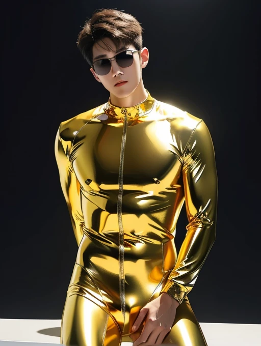 Korean man , whole body、ager, latex、Golden Sunglasses、Shining golden bodysuit、Dazzling space、smug、Confident pose、Bulge , Visible up to the legs、whole body , realistic good looking Korean face , Natural Muscle , Beardless face、masterpiece、High resolution、Hyperrealism、Detailed face、alone、male、Glowing Skin、(ASİAN)、(young、teen)、good looking、Detailed Background、good looking