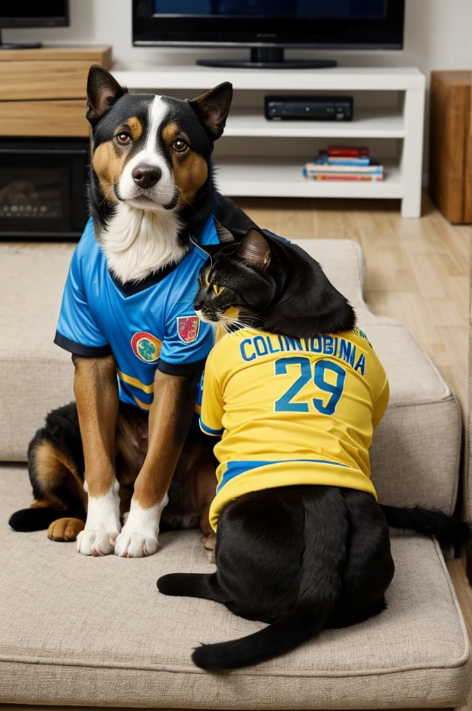 A dog and a cat wearing a Colombia national team shirt sitting in front of a television watching a Colombia VS Argentina match