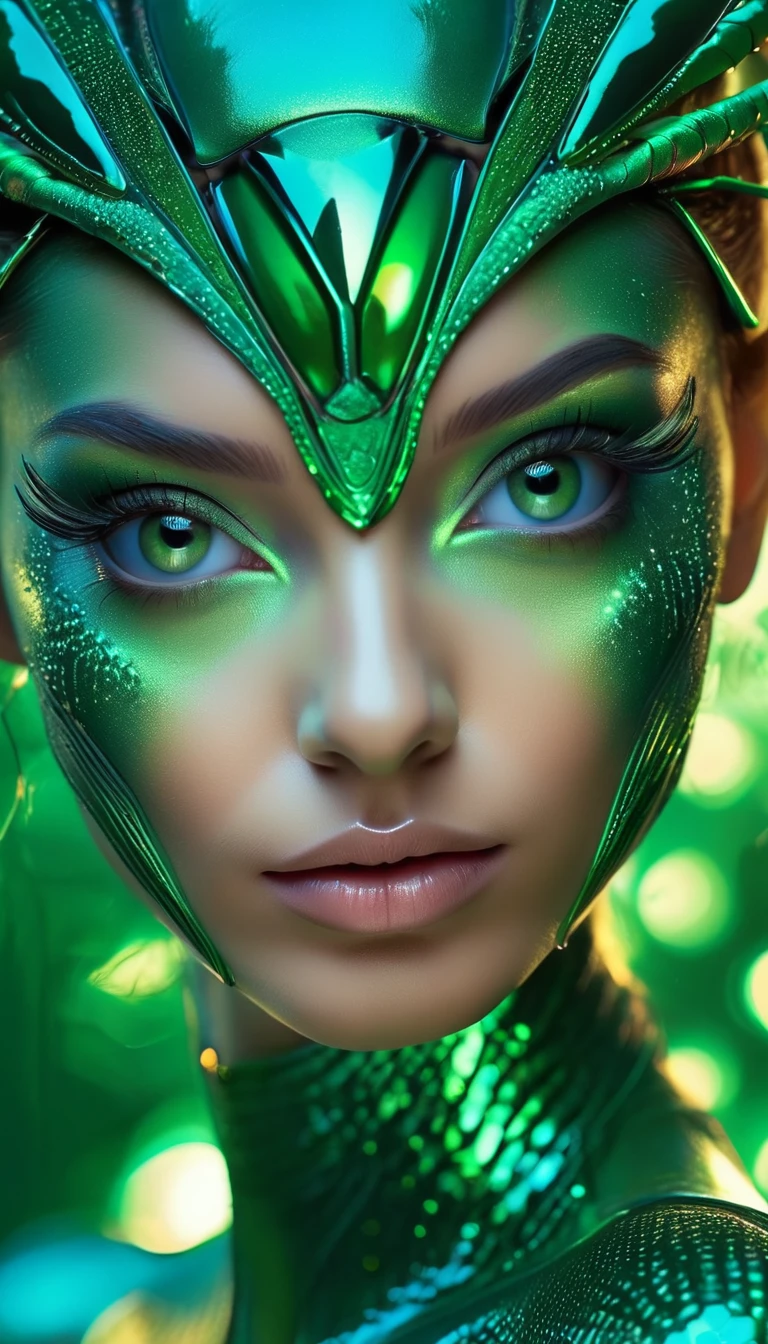(best quality,4k,8k,highres,masterpiece:1.2),ultra-detailed,(photorealistic,photo-realistic:1.37),A beautiful female with compound eyes that look like the eyes of a praying mantis,futuristic,hi-tech,natural-looking skin,emerald-green compound eyes,exquisite,detailed face features,piercing eyes,long eyelashes and sharp angles,sculptural facial structure,innovative fashion style,metallic,shimmering make-up,glowing eyeliner,ornate futuristic jewelry,elaborate headpiece,feathers and metallic elements,ethereal background with floating holographic particles,controlled lighting with soft highlights,bluish-green color scheme,otherworldly atmosphere.
