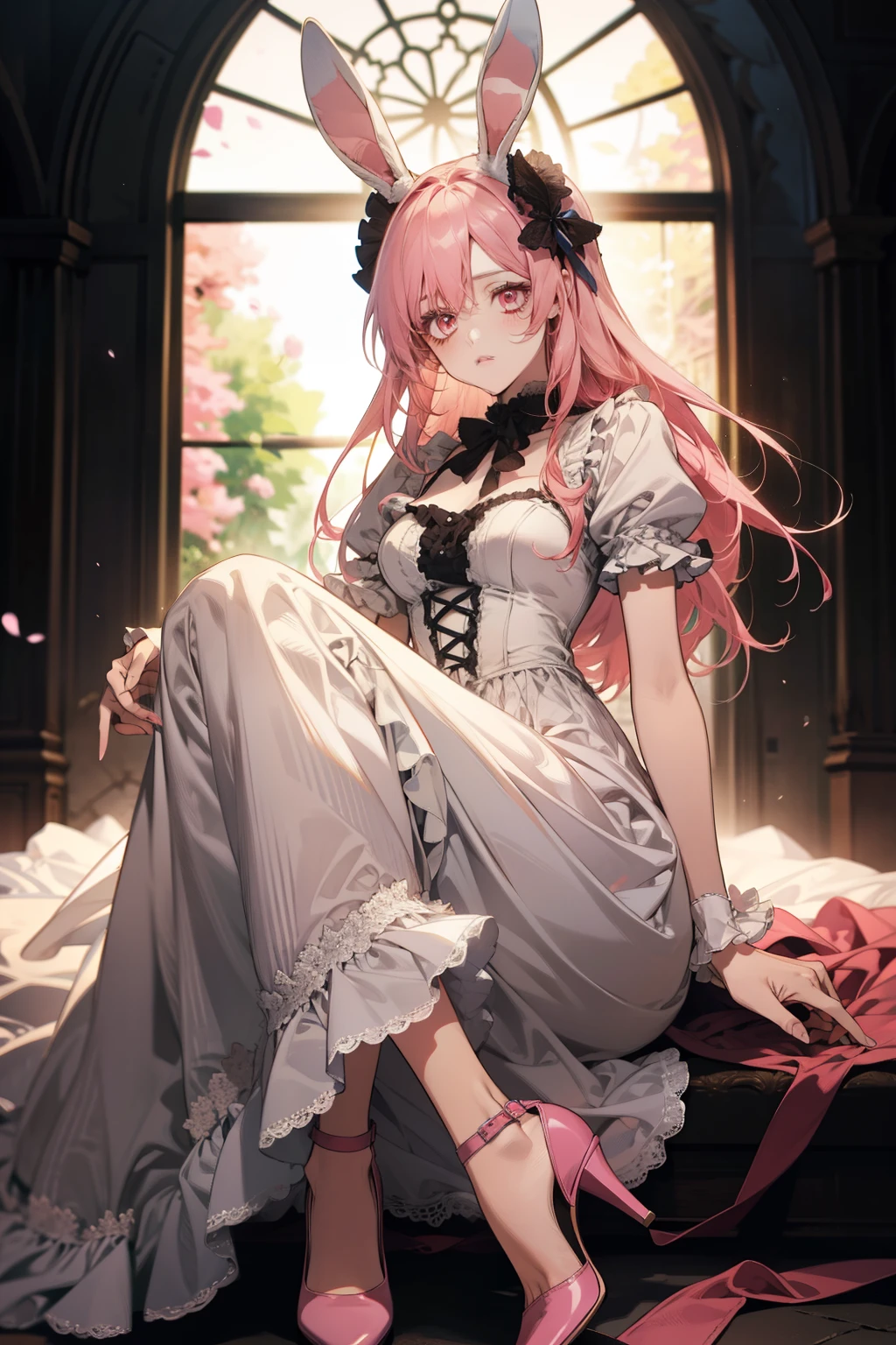 anime girl, pink eyes, pink hair, white bunny ears, long dress, frills, heels, Gothic art, high details, high quality, 4K, HD, masterpiece, anatomically correct