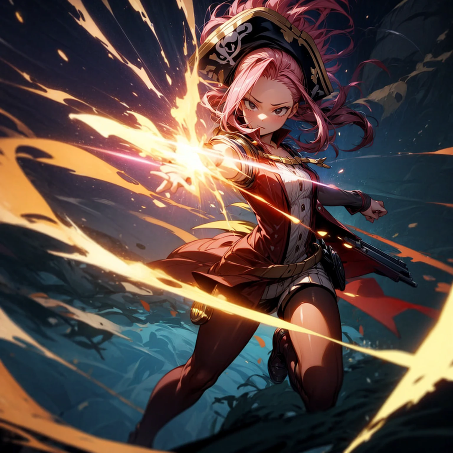 1girl, Full body version, 1character, girl version, black eyes, long Curly haircut, pink colour hair, ancient pirate style clothing, red colour clothing, Grassroots, background in the ship, motion blur, (pokemon style), standing gesture, pirate hat, motion blur, plasma effect, lighting revolver, fire revolver, fire, smoke revolver, smoke effect, aura effect, lighting, high angle view