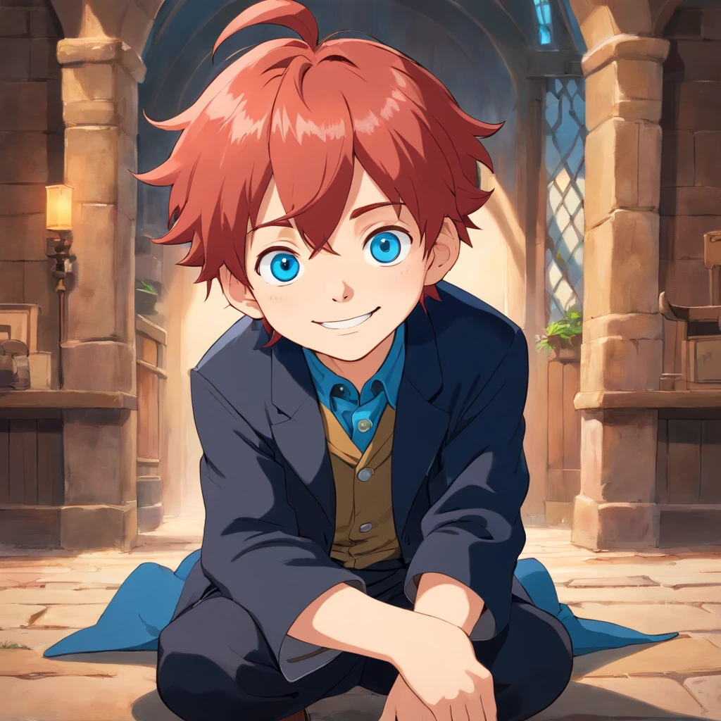  with shaggy red hair and blue eyes, pointed ears, black fancy outfit, smiling

