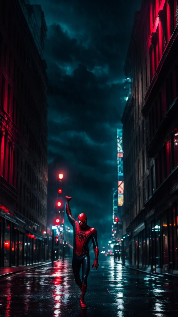 spiderman,dark,blood rain,dramatic lighting,superhero,comic book style,cinematic,intense,moody,gritty,red and black color palette,dynamic pose,web slinging,rain effects,stormy sky,cityscape background,highly detailed,photorealistic,cinematic lighting,unreal engine,8k,dslr quality