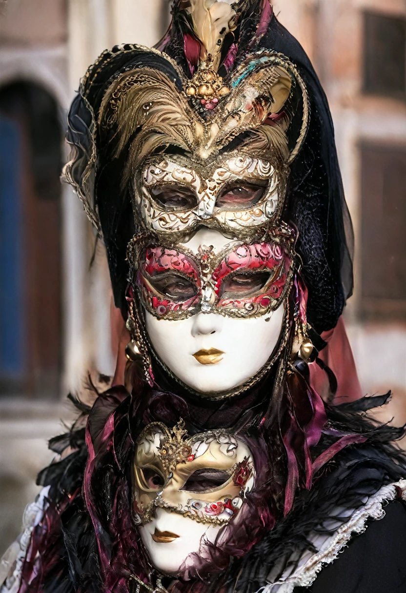 a woman posing for a photo with half a venetian mask , drama, in the style of Alfred Hitchcock, dramatic, Modern, vintage,  --c 51