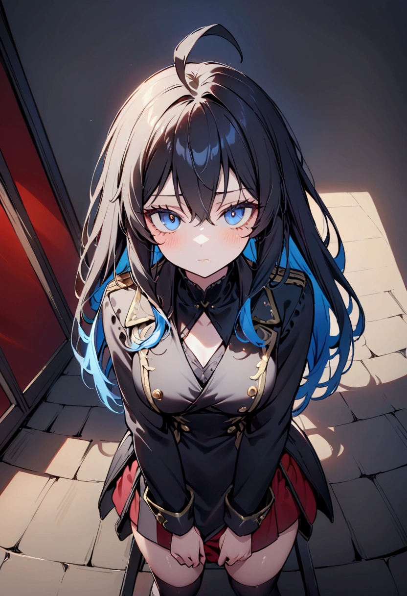 Pitch black room、Exquisite shadow expression、Pitch black、darkness、Surrounded by enemieasterpiece, best quality:1.2), 1girl, solo、Point your gun at us、blue long hair、Ahoge、blue Eyes、Background of military bases、Fisheye Lens、battlefield、Shadows of light and darkness、Expressionless、Grim face、battle、Black knee socks