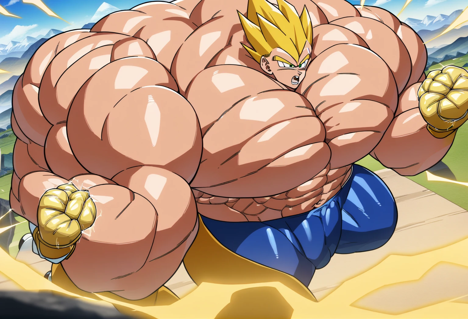 1boy, Vegeta, from Dragon Ball Z, masterpiece, best quality, very aesthetic, absurdres, saiyan, green eyes, spiked hair, (yellow hair:1.5), shirtless, blue skintight pants, white gloves, (huge muscles:3), Dragon Ball Z artstyle, in the style of Akira Toriyama, white tiled floor, outdoors, flat-top mountains, yellow aura, electricity, (mountains and sky in background:2), white gloves, (squeezing fists:2), (visible abs:2), nipples