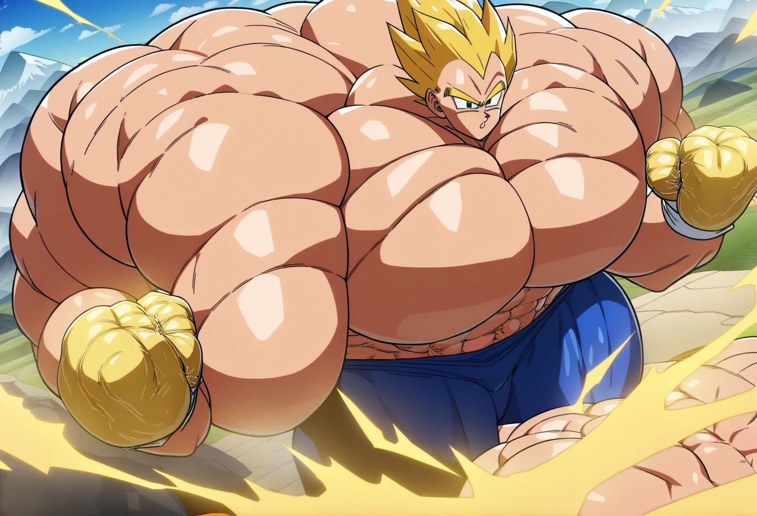 1boy, Vegeta, from Dragon Ball Z, masterpiece, best quality, very aesthetic, absurdres, saiyan, green eyes, spiked hair, (yellow hair:1.5), shirtless, blue skintight pants, white gloves, (huge muscles:3), Dragon Ball Z artstyle, in the style of Akira Toriyama, white tiled floor, outdoors, flat-top mountains, yellow aura, electricity, (mountains and sky in background:2), white gloves, (squeezing fists:2), (visible abs:2), nipples