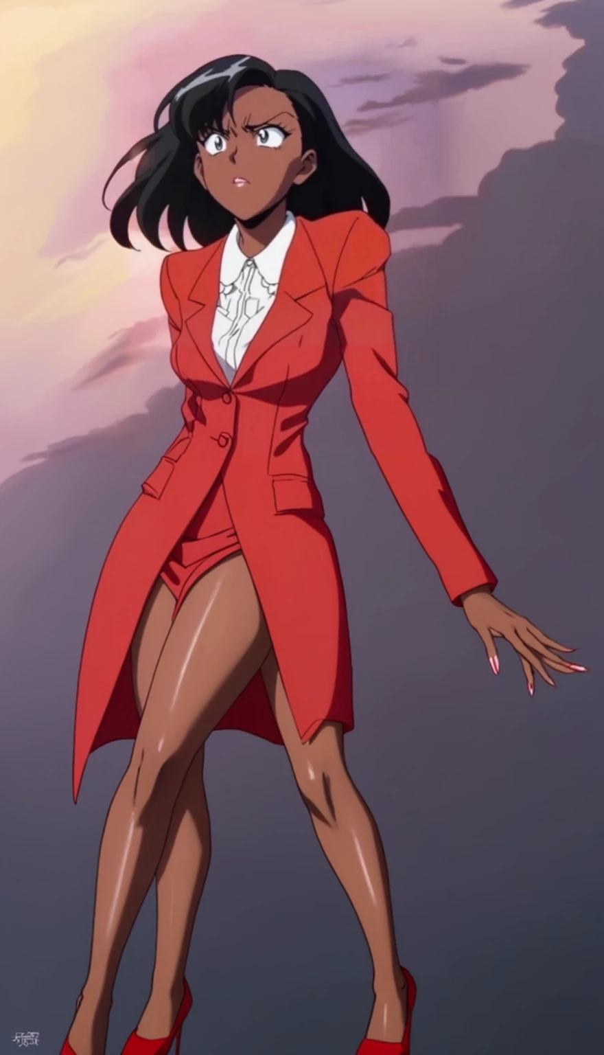 90s anime Evil black skinned business woman in a red suit and knee long red skirt and red heels