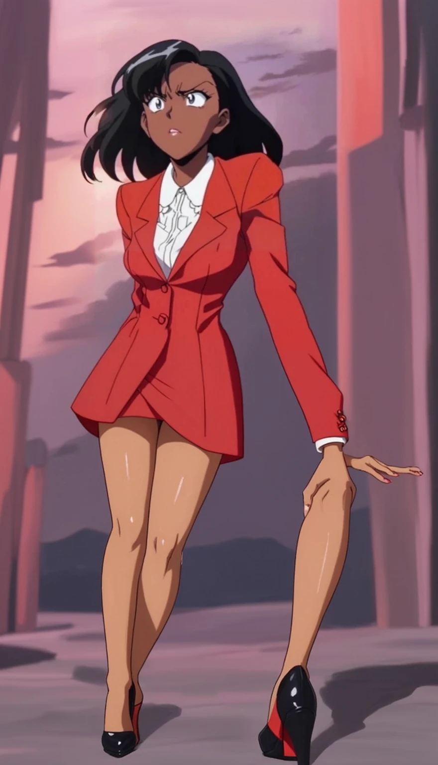 90s anime Evil black skinned business woman in a red suit and knee long red skirt and red heels