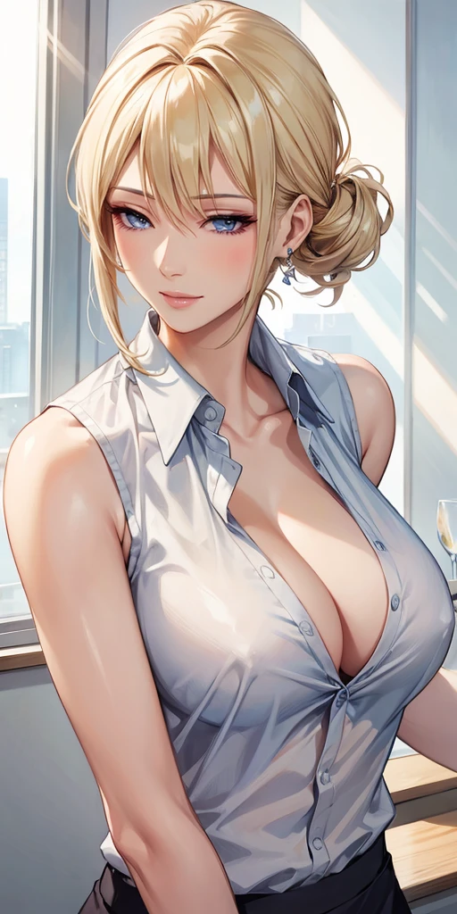 Elegant mature woman, milf, blue eyes, blonde hair, soft light, high detailed, 4k resolution, high quality, beautiful cg