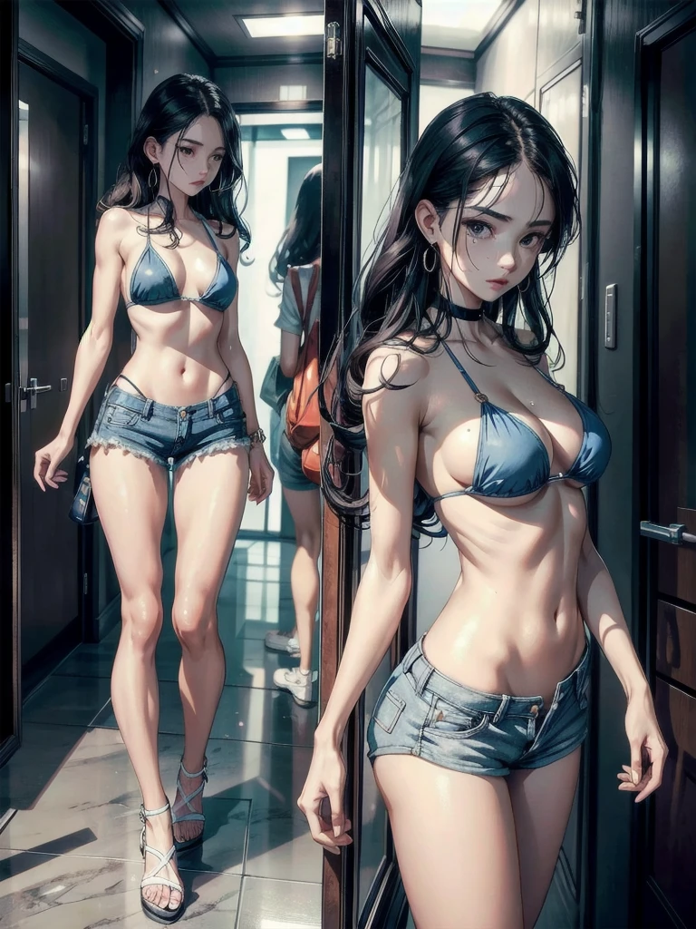 absurdres, RAW photo, extremely delicate and beautiful, masterpiece, Best Quality, ultra high resolution, 32k, hyperrealistic, ultra-detailed, perfect anatomy, super Detailed skin, perfect figure, Super Beauty, Perfect Style, Perfect balance, in her 20s, very Slim body, narrow waist, very small head, very small face, delicate facial features, tearful mole, earring, very huge round breasts, bare legs, whole body shot, medium hair, wavy hair, bikini, shorts,
