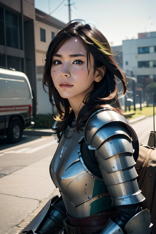 8k,Realistic skin texture、Superrealism、Realistic photos、Near future軍所属の日系女性パイロットが大型ロボットの腹部に設置されたコックピットに乗っている、Damaged moss green combat armored robot、Skull mark on armor、Near future、Unit Paint and Identification Number、Peeling paint、oil stains、Detailed Description、Dynamic pose、Armored Core