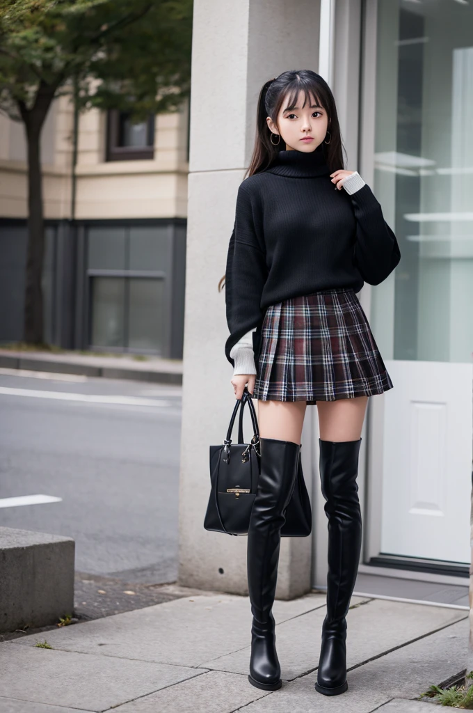 Japanese girl Check Pleated Skirt Black tartan neck sweater Knee-high boots