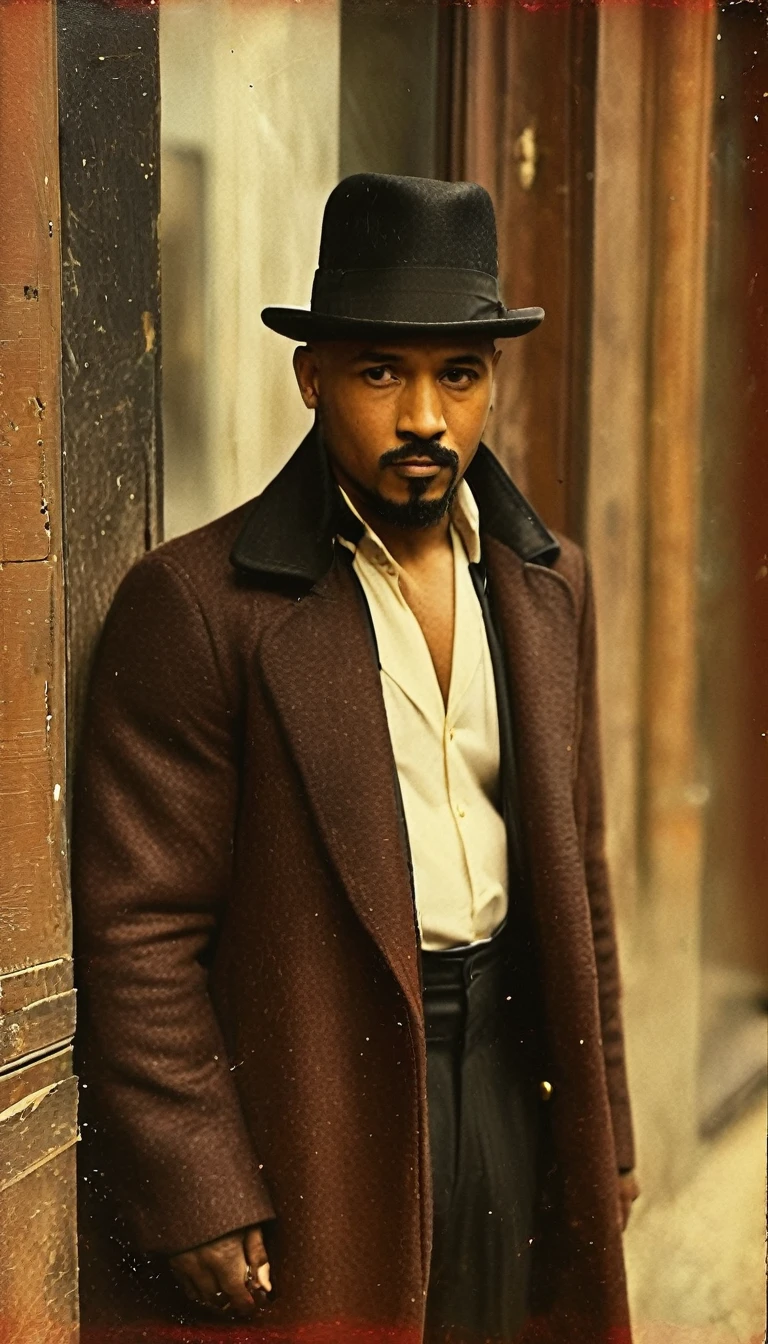 (Dark-skinned mulatto around 50 years old, bald) (goatee) (white dress shirt with long puffed sleeves) Wears a black bowler hat, a burgundy-colored vest with gold buttons, a black coat, black trousers, a gold pocket watch, gold rings on the fingers