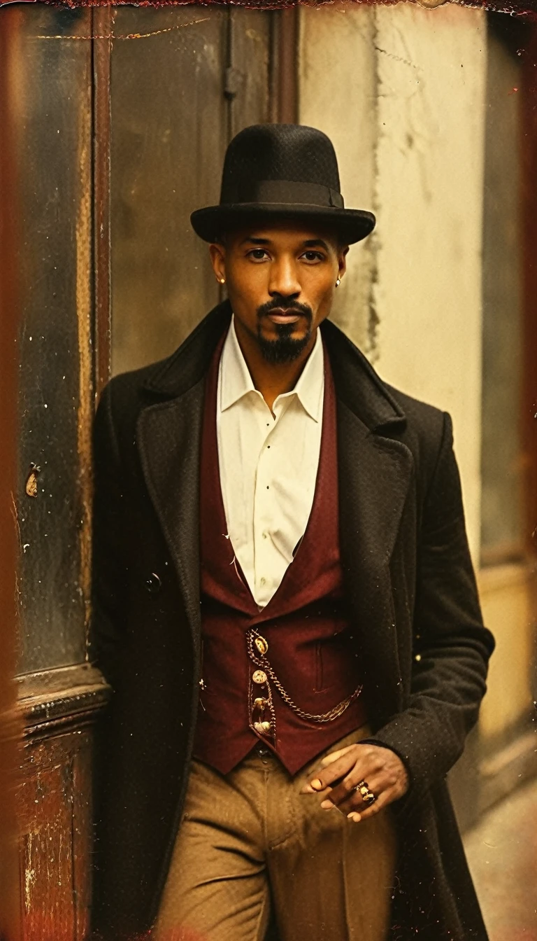 (Dark-skinned mulatto around 50 years old, bald) (goatee) (white dress shirt with long puffed sleeves) Wears a black bowler hat, a burgundy-colored vest with gold buttons, a black coat, black trousers, a gold pocket watch, gold rings on the fingers