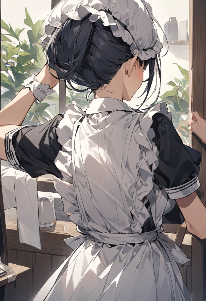 Mob Cap、A hat for covering the hair at the back of the head, worn by maids、髪は出さないようにMob Capに入れる、Working as a maid