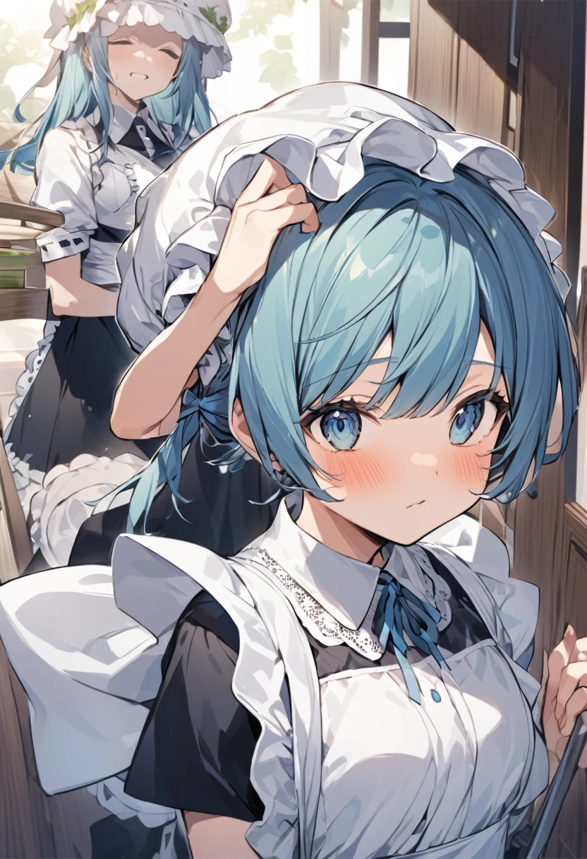 Mob Cap、A hat for covering the hair at the back of the head, worn by maids、髪は出さないようにMob Capに入れる、Working as a maid