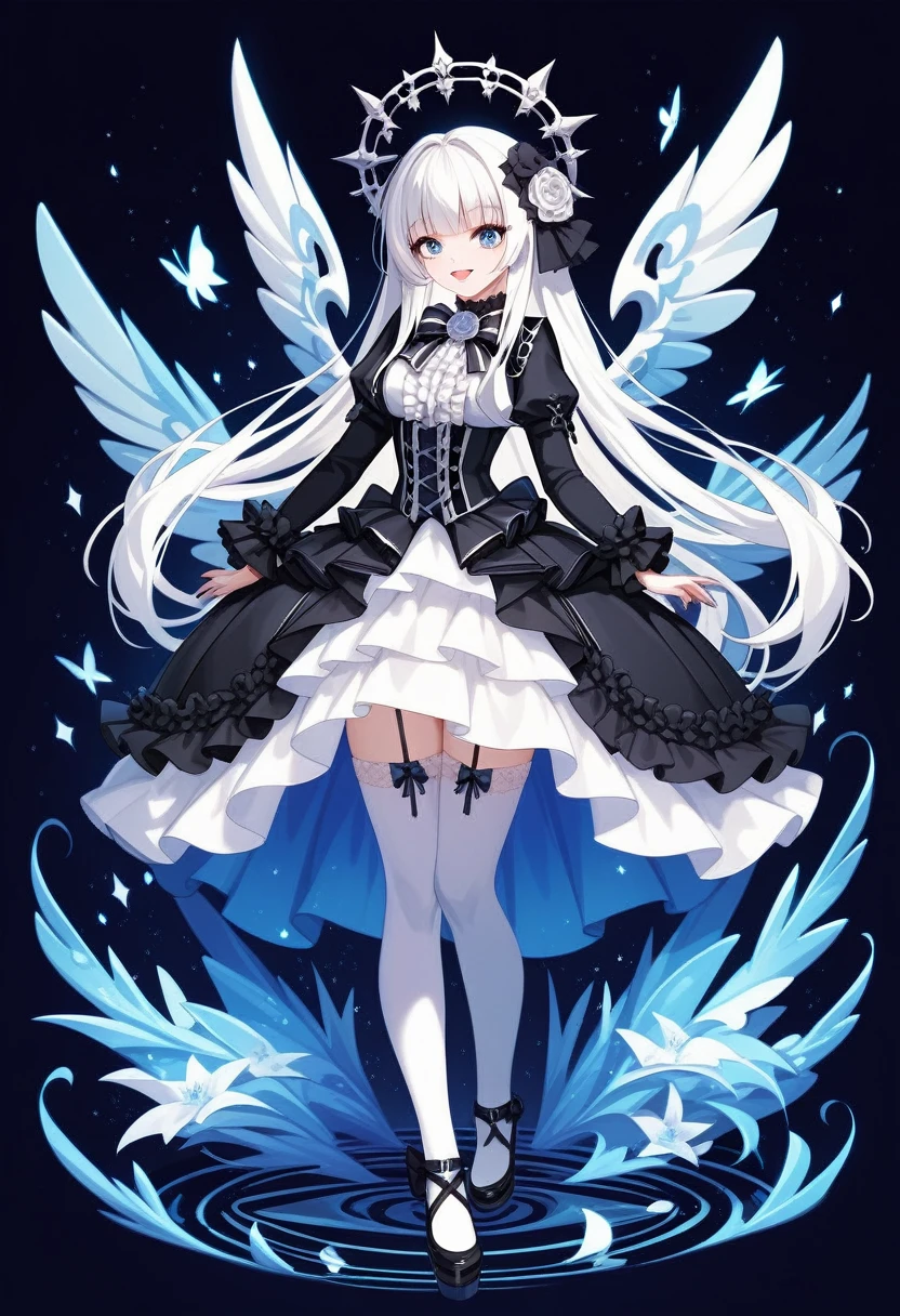 masterpiece, top-quality, ​masterpiece, top-quality,ighly detailed,{top-quality}, {{​masterpiece}}, {hight resolution},original, {extremely delicate and beautiful},​masterpiece, top-quality,ighly detailed,{top-quality},white hair, gothic lolita, full body, standing, white thighhighs, short dress, black dress,white dress, multi colored dress,