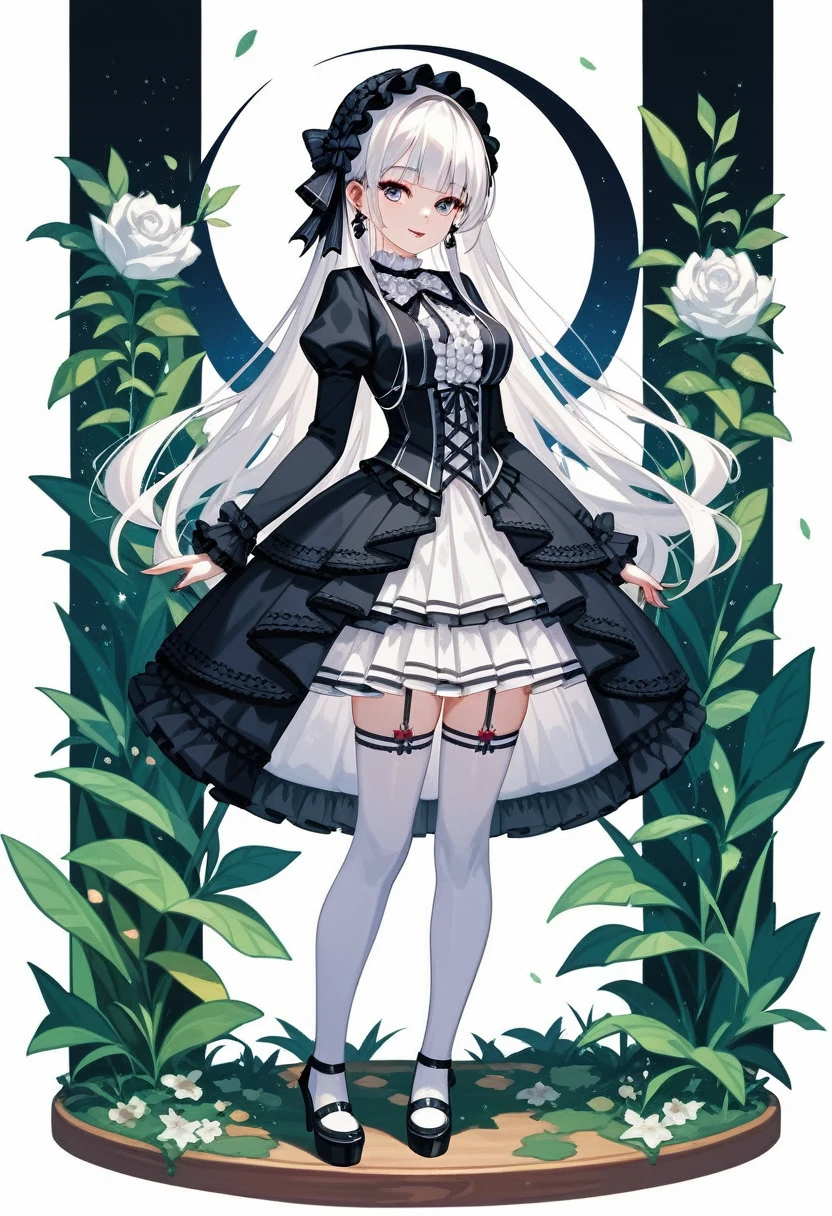 masterpiece, top-quality, masterpiece, top-quality,ighly detailed,{top-quality}, {{masterpiece}}, {hight resolution},original, {extremely delicate and beautiful},masterpiece, top-quality,ighly detailed,{top-quality},white hair, gothic lolita, full body, standing, white thighhighs, short dress, black dress,white dress, multi colored dress,