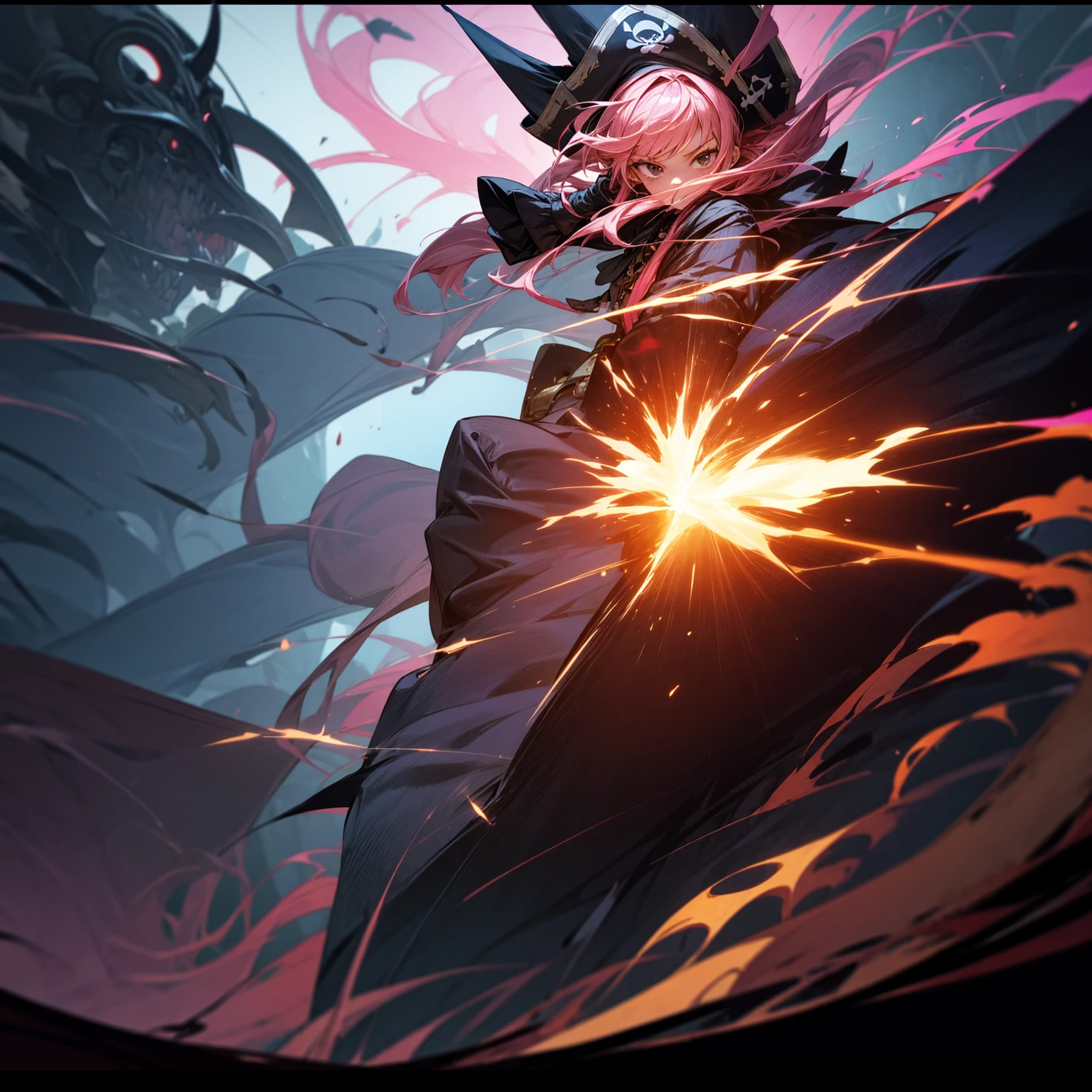 1girl, Full body version, 1character, girl version, black eyes, long Curly haircut, pink colour hair, ancient pirate style clothing, red colour clothing, Grassroots, background in the ship, motion blur, (pokemon style), standing gesture, pirate hat, motion blur, plasma effect, lighting revolver, fire revolver, fire, smoke revolver, smoke effect, aura effect, lighting, high angle view