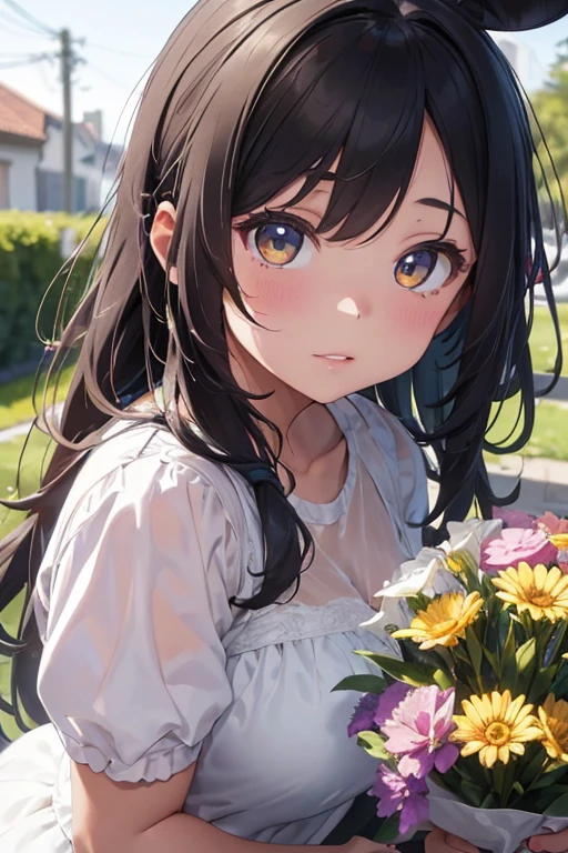Detail, realism, 4k, 15-year-old girl, face detail, large yellow eyes, plump lips, upturned nose, gray hair with pink strands, in a white dress, with a rabbit in her hands, flowers in the background, white butterflies in the foreground, realistic shooting, depth of field, soft forelight, glow, HDR (muted colors: 1.2), Canon RF 100mm F2.8L Macro IS USM