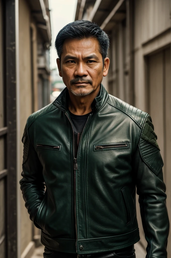 make character of my action film and his name is " Jim ". This man is filipino in age of 53, but look like 30 years old and attractive because of nose and eyebrow. Wearing leather jacket color dark green and holding pistol. The facial expression of this man is normal, not smiling, not sad. No beard, no mustache