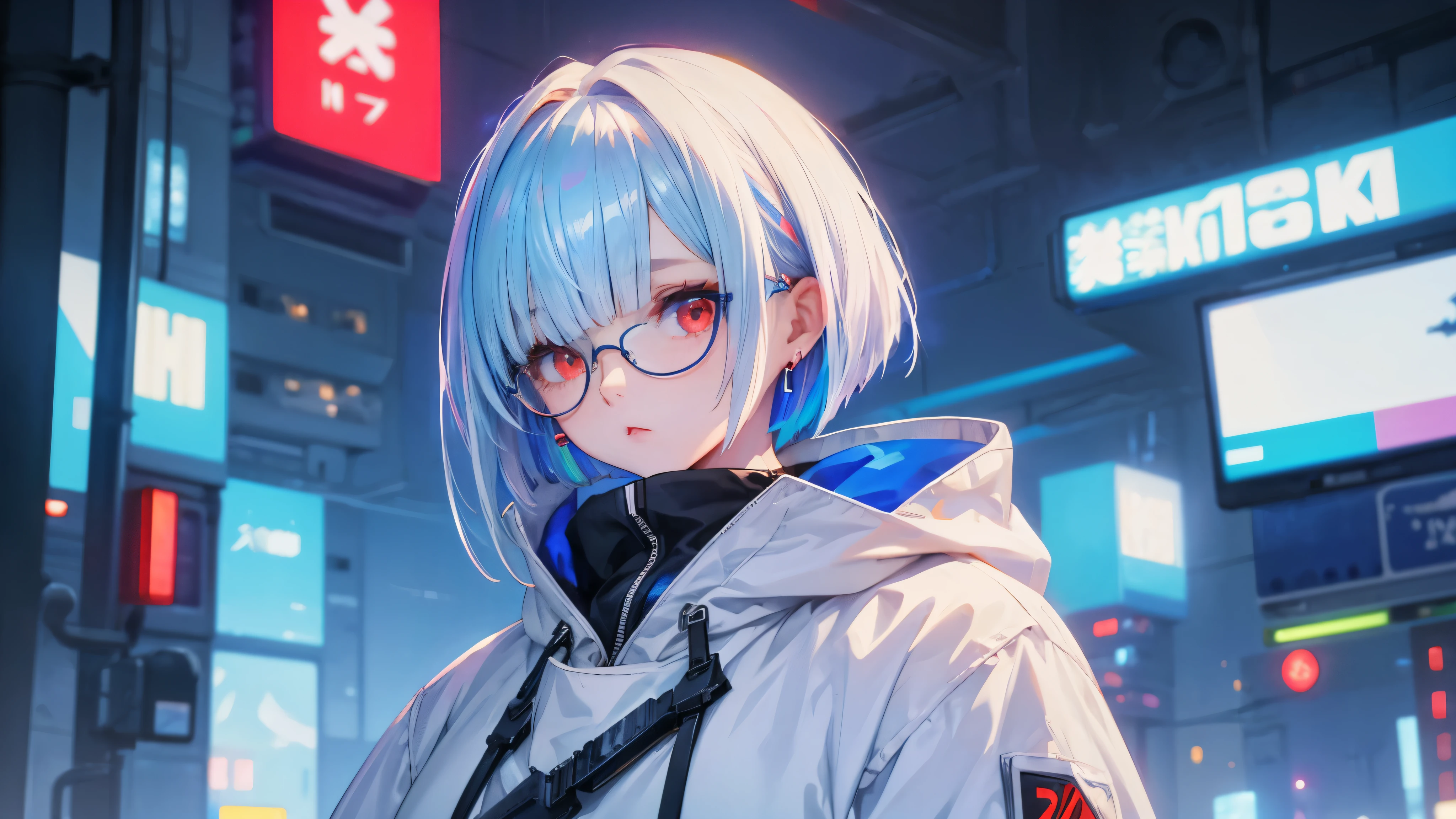 girl、White oversized hoodie with blue accents、Cyberpunk cityscape、Glasses、Composition looking up from below, white hair, colored inner hair, blue hair, floating hair, bob cut, red eyes, longeyelashes, gradient eyes, earrings, from below, UHD, highres, best quality, 8k