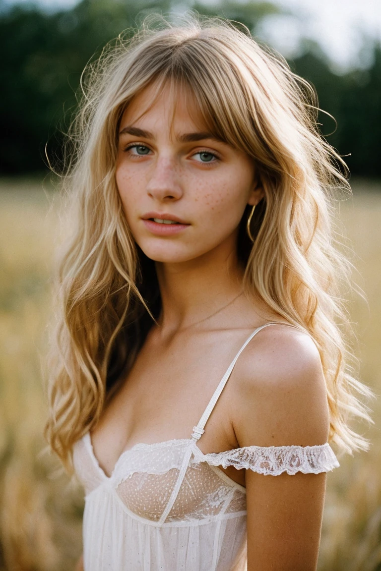 realistic photo of a 17-year-old girl, beautiful face, cute appearance, long wavy blonde hair with bangs, freckles, in an off-shoulder dress, standing in plains relaxed expression, brimming with emotion, interplay of contrast along with detailed light and shadow, depth of field, dark atmosphere with candlelight scenario, lingerie