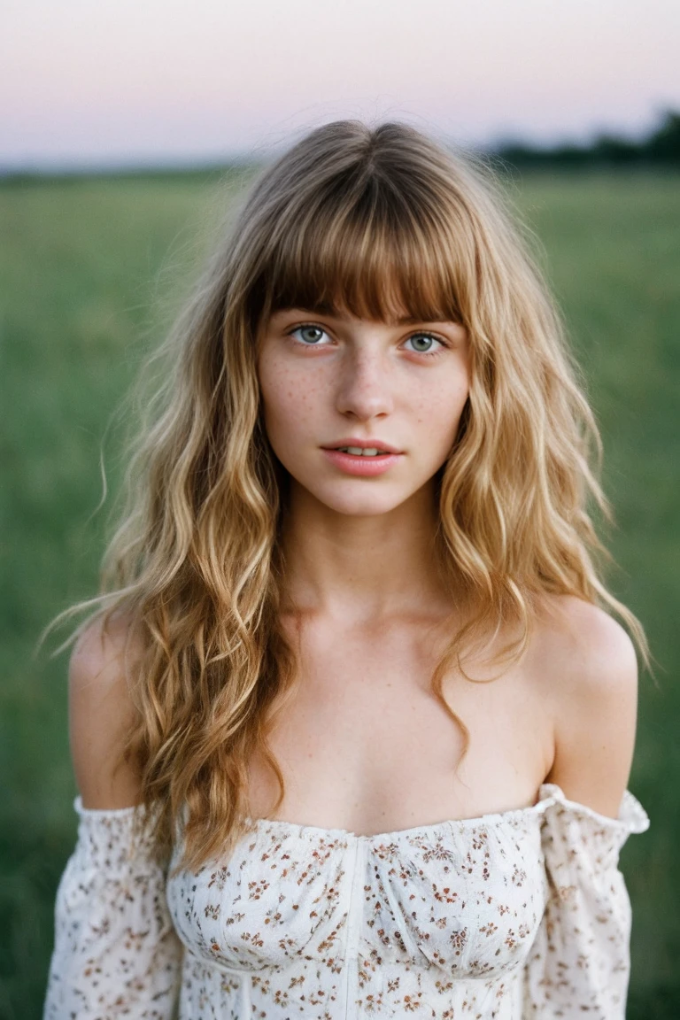 realistic photo of a 17-year-old girl, beautiful face, cute appearance, long wavy blonde hair with bangs, freckles, in an off-shoulder dress, standing in plains relaxed expression, brimming with emotion, interplay of contrast along with detailed light and shadow, depth of field, dark atmosphere with candlelight scenario, lingerie