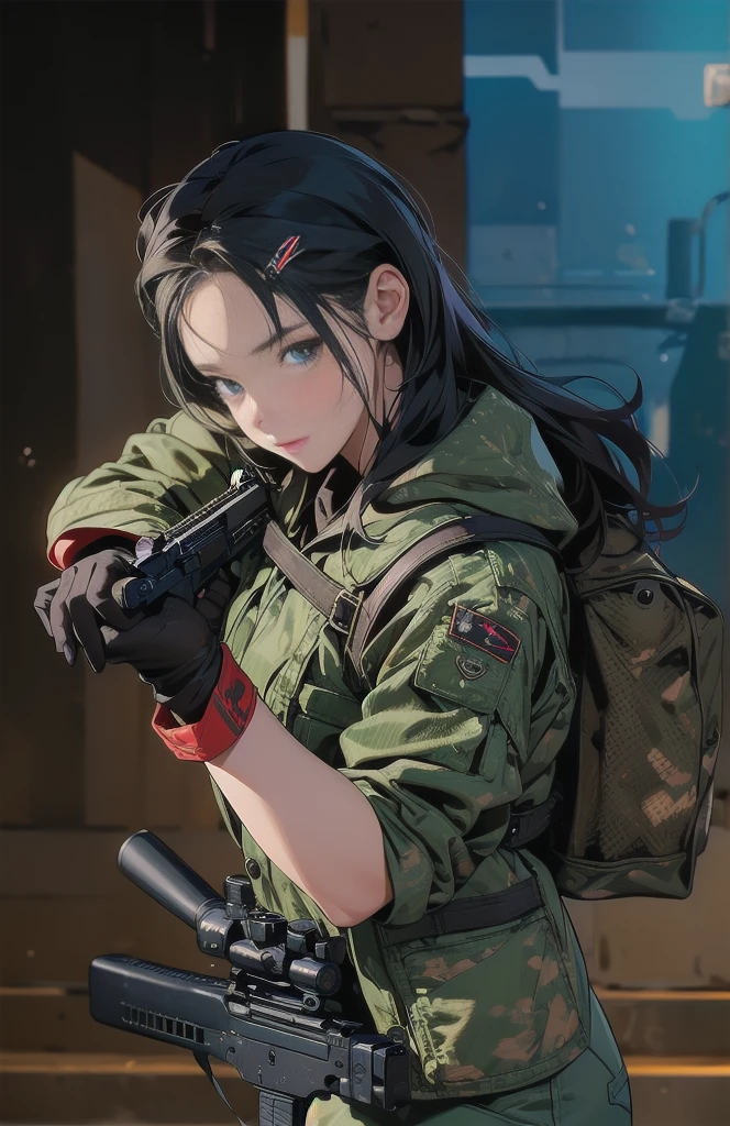 One girl, Chinon 1, scarf, Fingerless gloves, Long sleeve, Short black shorts, hair ornaments, Hair Clip, Green thighs, Green jacket, Thigh straps, number de cowboy, Holding a gun, sniper rifle, Remains, Sitting, (Sword Art Online), range, Using a sniper, holding the sniper rifle, olhando no range, looking into the sniper rifle scope, number, High resolution, Urban, roof, Collapsed building, war, Catastrophe, disaster, Graves, cold, Bright Eyes, Superpoder, concentrated, concentrated, Cabello Kurt Azul, blue eyes, Ultra-realistic hands, With black gloves, Proportional Body
