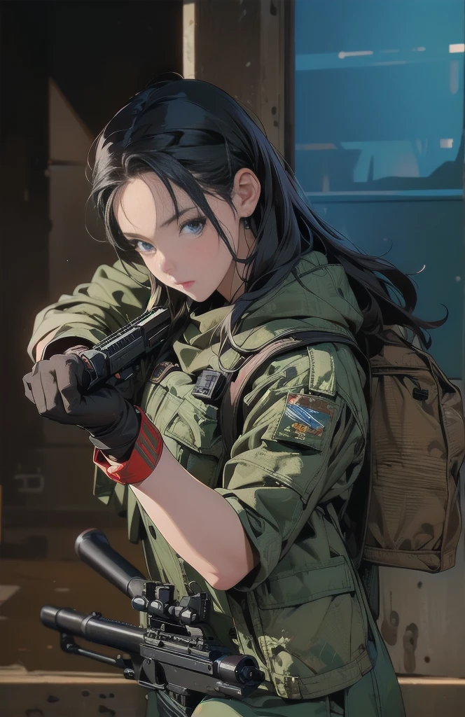 One girl, Chinon 1, scarf, Fingerless gloves, Long sleeve, Short black shorts, hair ornaments, Hair Clip, Green thighs, Green jacket, Thigh straps, number de cowboy, Holding a gun, sniper rifle, Remains, Sitting, (Sword Art Online), range, Using a sniper, holding the sniper rifle, olhando no range, looking into the sniper rifle scope, number, High resolution, Urban, roof, Collapsed building, war, Catastrophe, disaster, Graves, cold, Bright Eyes, Superpoder, concentrated, concentrated, Cabello Kurt Azul, blue eyes, Ultra-realistic hands, With black gloves, Proportional Body