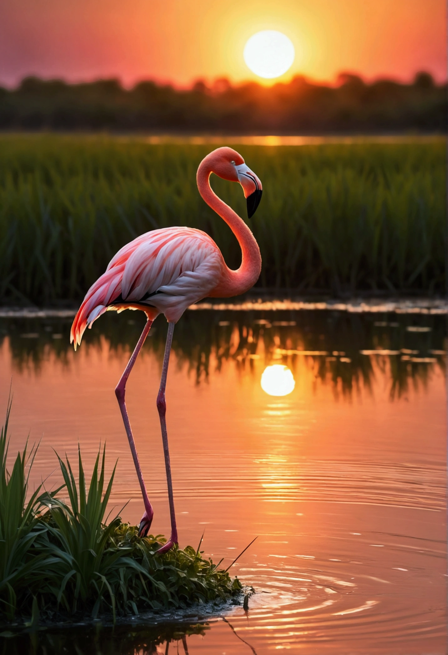 a flamingo standing in a marsh at sunset, photorealistic, (best quality,4k,8k,highres,masterpiece:1.2),ultra-detailed,(realistic,photorealistic,photo-realistic:1.37),vivid colors,dramatic lighting,glowing sunset,lush vegetation,serene atmosphere,tranquil water,reflection,soft focus