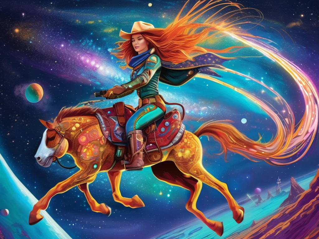 Riding the fiery tail of a comet in the vast expanse of space, the Intergaláctic cowgirl is depicted with colorful and intricate detail. Her space suit gleams with metallic sheen, adorned with futuristic embellishments, cowboy boots and glowing neon accents. Full shot, The atmosphere is filled with cosmic dust and stars twinkling in the background, creating a dynamic and surreal scene. This captivating image, rendered with expert precision and vibrant colors, brings the adrenaline-fueled adventure of a spacefaring cowgirl to life in stunning detail. Speed sensation