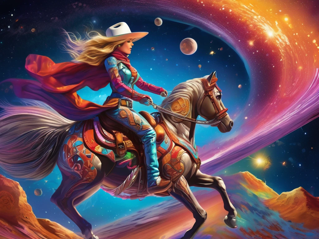 Riding the fiery tail of a comet in the vast expanse of space, the Intergaláctic cowgirl is depicted with colorful and intricate detail. Her space suit gleams with metallic sheen, adorned with futuristic embellishments, cowboy boots and glowing neon accents. Full shot, The atmosphere is filled with cosmic dust and stars twinkling in the background, creating a dynamic and surreal scene. This captivating image, rendered with expert precision and vibrant colors, brings the adrenaline-fueled adventure of a spacefaring cowgirl to life in stunning detail. Speed sensation