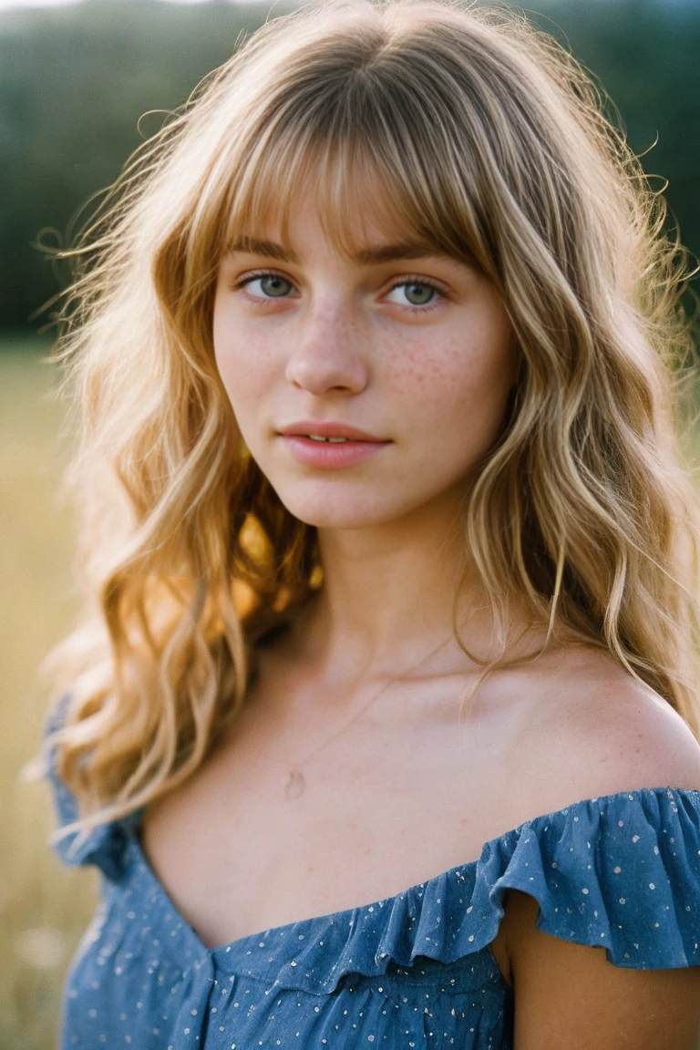 realistic photo of a -yeld gi beautiful face, cute appearance, long wavy blonde hair with bangs, freckles, in an off-shoulder dress, standing in plains relaxed expression, brimming with emotion, interplay of contrast along with detailed light and shadow, depth of field, dark atmosphere with candlelight scenario, nude