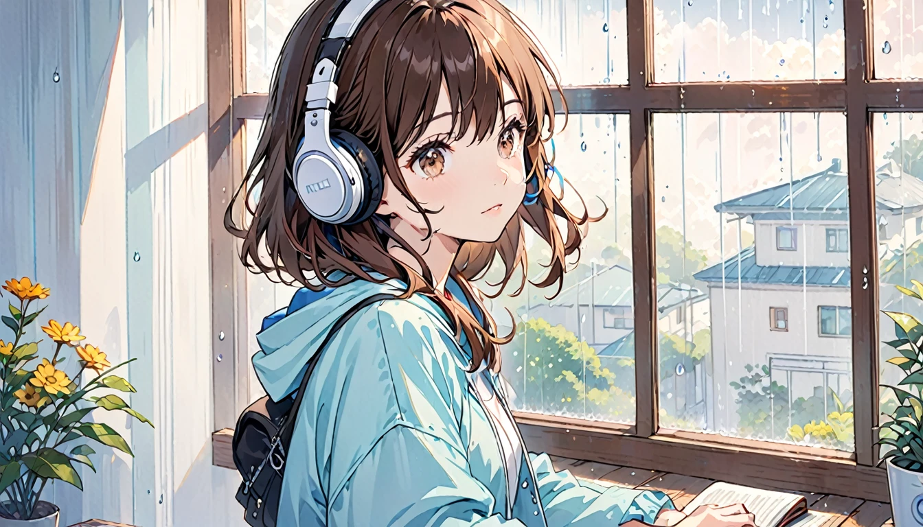 Girl wearing headphones,Brown Hair,1 person,bright,「Rainy day window」