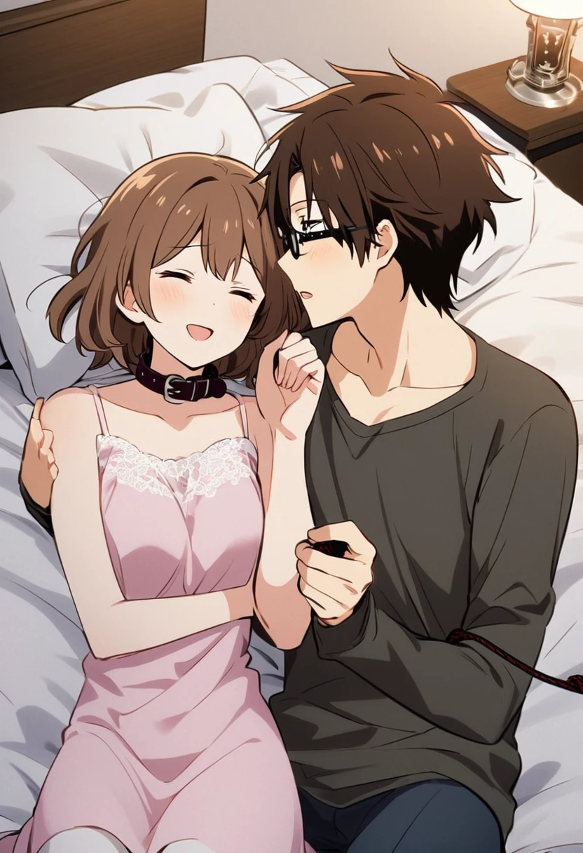 anime, two people, one beautiful female with long brown hair and no glasses and wearimg a collar with a leash, the other person is a male with short dark brown hair and black rimmed glasses and holding the leash in bed in his hand, they are boyfriend and girlfriend, in bed