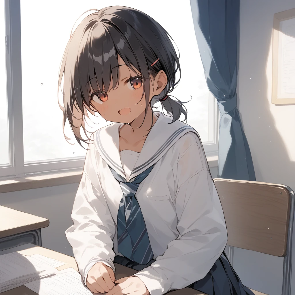 score_9, score_8_up, score_7_up, source_anime, best quality, masterpiece, official art, absurdres, highres, ultra-detailed,waifu2x,Collection: Slice of Life,break,1girl, tomboy, dark-skinned female, short hair, low ponytail, flat chest, school_uniform, beautiful detailed eyes, desk, sit, soles, sweat, open mouth, (yawn:0.3), sleepily, indoors, wind,break,(clear line illustration:1.2), super detailed skin,very high resolution, very aesthetic, Best sexual lighting powered by famous artist, 8k,cute picture,beauty illustration,photoshop_(medium),,(Detailed Lighting),best anime 8k konachan wallpaper, pixiv contest winner,